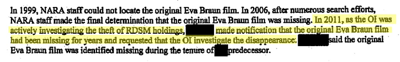 Excerpt from a National Archives investigation into the missing Eva Braun films (National Archives Office of the Inspector General)